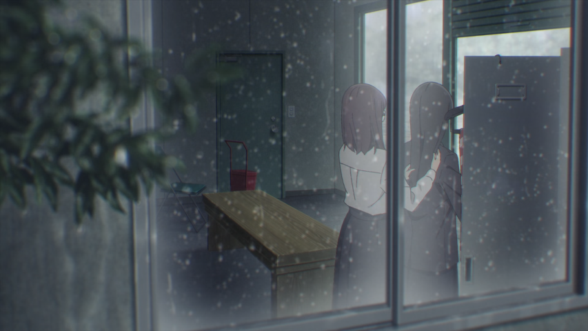 Screenshot: Akebi having her hair fixed behind a rainy window